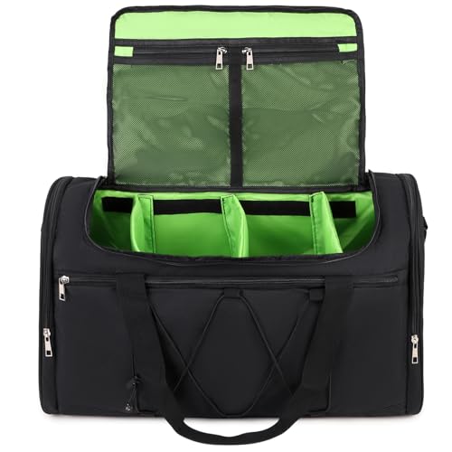 Scothen Sneaker Bag for Travel, Outdoor Sports Gym Bag Shoe Bags for 4 Pairs of Sneakers up to Size 14, Travel Duffel Bags with 3 Adjustable Dividers & Shoulder Strap, Sneakerhead Gift - color: Black-Green