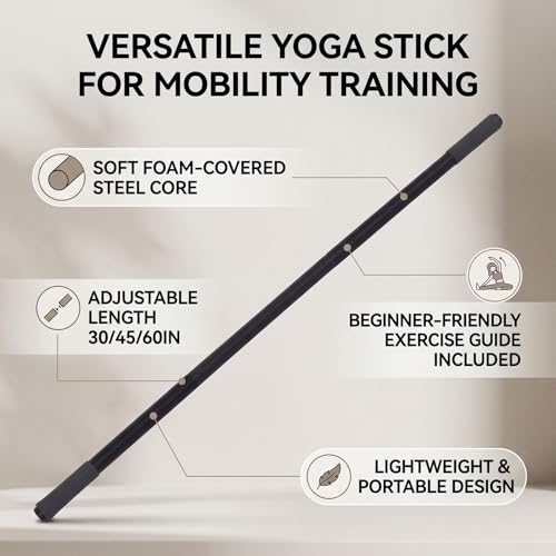 YUYTE Adjustable Yoga Stick 3 Lengths 30 45 60 Inch Foam Sleeve Steel Core Exercise Stretching Bar for Flexibility Training Pilates Home Gym Workouts