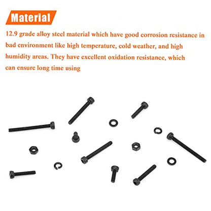 HELIFOUNER 560 Pieces M2 x 4mm /6mm /8mm /10mm /12mm /16mm /20mm, Hex Socket Head Cap Screws Bolts Washers Nuts Kit, 12.9 Grade Alloy Steel, Full Threaded, Black - size: M2, style: Socket Head