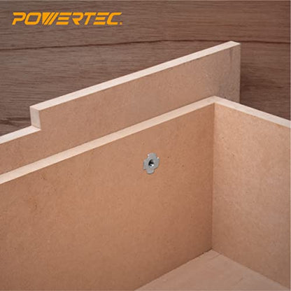 POWERTEC 3/8-16 T Nuts, 50 Pcs | 4 Pronged Tee Nuts for Bolts and Stem Caster Wheels, Threaded Inserts for Wood Working, Rock Climbing Holds and Furniture, For Use with Hammer | 5/16" length (QTN1112) - size: 5/16", style: 3/8"-16