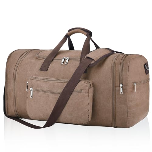 Felipe Varela 60L Canvas Duffle Bag for Men, Travel & Gym Carry on, Coffee | Lightweight, Expandable, Large Capacity, Water-Repellent, Eco Certified, Travel Duffel Compliant for Overnight & Weekend Trip - color: Coffee, size: 60L
