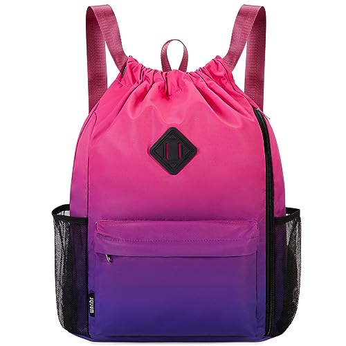 WANDF Drawstring Backpack with Shoe Compartment, Sports Gym Bag | Multi-Pocket Storage, Water-Resistant Fabric, Cinch String Bag - color: L, Rose Gradient, size: Large