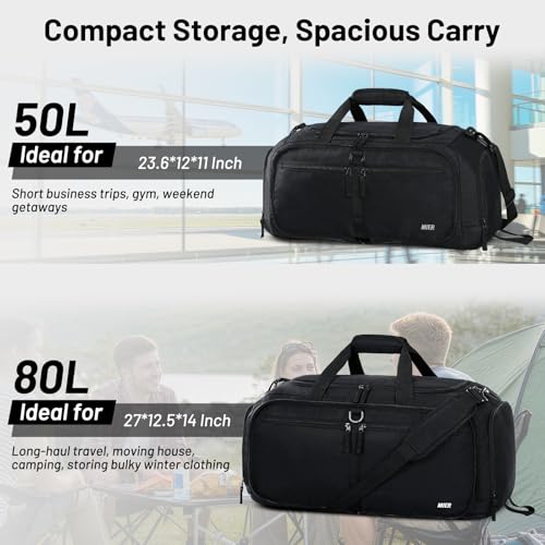 MIER Packable Travel Duffle Bag with Shoe Compartment, 80L, Black | Foldable Weekender Duffel; Multi-Pockets; Adjustable Shoulder Strap; Luggage Sleeve; Travel, Sports, Camping, Gym - color: Black, size: 80L