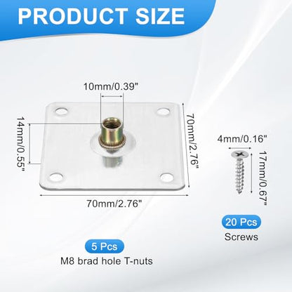 uxcell 5Pcs M8 Brad Hole t Nut, 70mm/2.8inch Square Base Weld Nuts Flange Insert Female Thread with Mounting Screws for Wood Furniture - size: M8