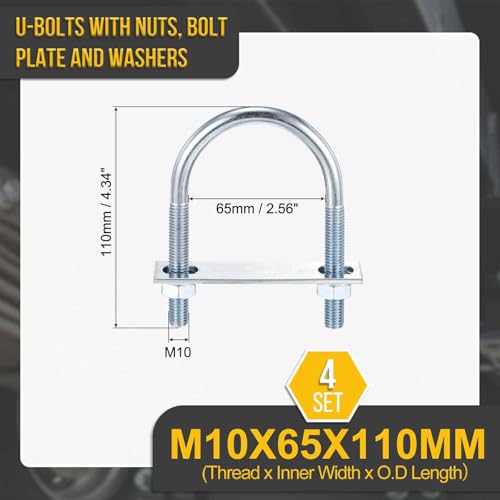 DTGN M10x65x110mm U Bolts Round Kit - 4Set - Carbon Steel U-Bolt Kit with Nuts, Washers, Frame Plate - Good for Pipe, Trailer, Automotive, Leaf Spring Fastener - size: M10x65x110mm