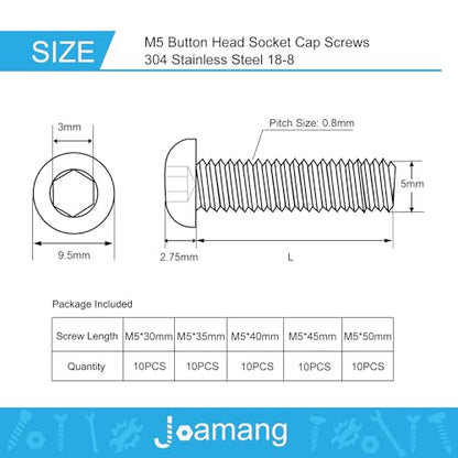 M5 x 30mm 35mm 40mm 45mm 50mm Button Head Socket Cap Screws Bolts, Stainless Steel 304, Metric Allen Hex Drive, Bright Finish, Fully Threaded, Assortment Kit 50PCS - size: Button M5x30-50 mm