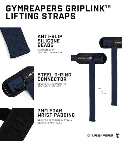 Gymreapers GripLink Lifting Straps – Heavy Duty D-Ring Weight Lifting Wrist Straps with Anti-Slip Silicone Grip Beads, Adjustable Support for Deadlifts, Powerlifting, Cable Machines & Gym Training - color: Navy
