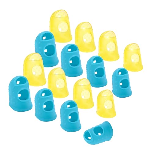 Wisdompro 16 Pcs Finger Tips, 4 Sizes Thimble Fingertip Grips -Aqua, Yellow | Soft Silicone, Thumb Protectors Pads Cover, for Hand Sewing, Paper Sorting, Page Turning, Money Counting, Guitar Playing - color: Aqua & Yellow