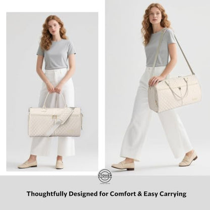 STOVER Women’s Convertible Garment Duffel Bag for Travel – 2-in-1 Carry-On Weekender/Overnight Tote - Wrinkle-Free Dresses, Suits & Clothes + Shoe Compartment & Bonus Toiletry Bag (Cashmere Cream) - color: Cashmere Cream