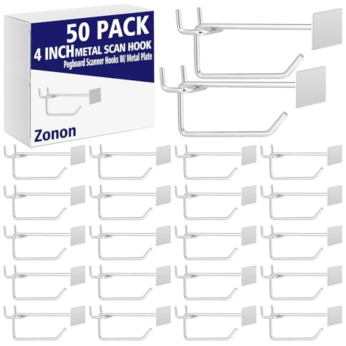 Zonon 50 Pack 4 Inch Metal Scan Hooks with Label Holder for 1/4" Pegboard, Heavy Duty Galvanized Peg Board Tool Hangers, Pegboard Shelving Hooks with Price Tag, Retail Store Display Wall Accessories - size: 4 Inch
