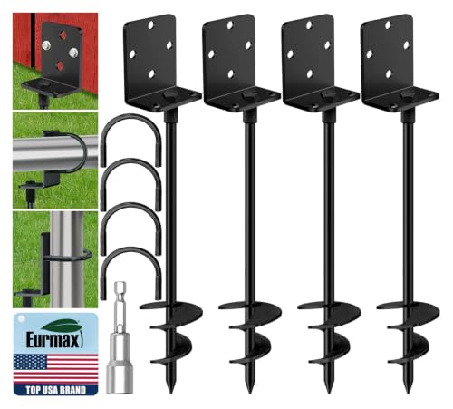 Eurmax USA 4 Pack Heavy Duty Ground Anchors, Rust-Proof L-Shaped Screw-in Spiral Ground Stakes for Trampoline, Shed, Swing Set & Carport,High Wind Resistant Metal Auger Anchors (Black) - color: Black, style: Side Head
