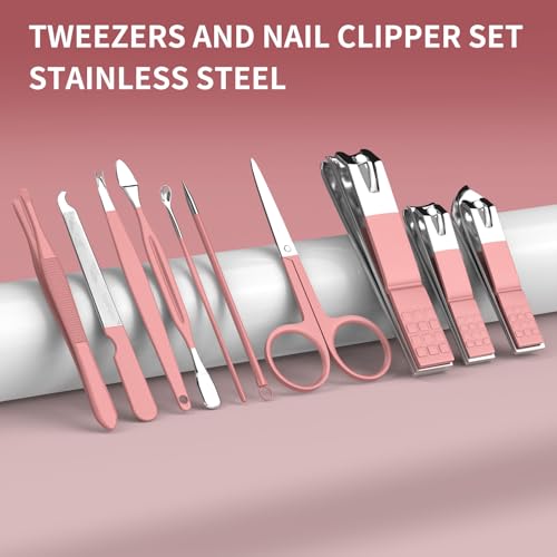 ZIZZON Travel Mini Manicure Set Nail Clipper Set 10 in 1 Stainless Steel Pedicure Care Grooming kit with Case Pink - color: Pink