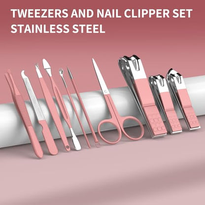 ZIZZON Travel Mini Manicure Set Nail Clipper Set 10 in 1 Stainless Steel Pedicure Care Grooming kit with Case Pink - color: Pink