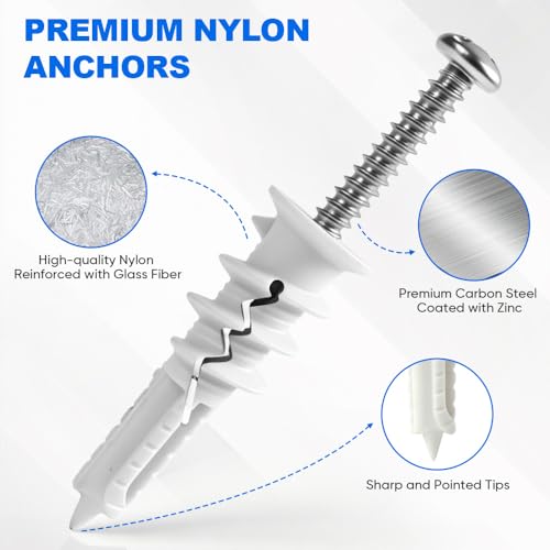 50PCS Self Drilling Drywall Anchors and Screws Kit, No Pre-Drill Required, Plastic Wall Anchors for Drywall with #8 x 1-1/4" Screw, Holds Up to 75 lbs, Sheetrock Anchors for Picture Hanging