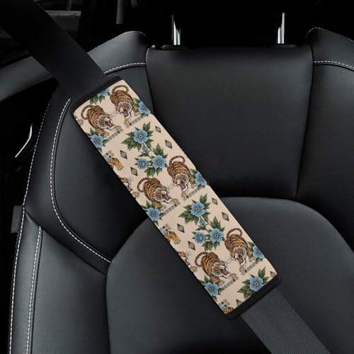 2 Piece Soft Padded Car Seat Belt Pad for Elderly Support, Stroller Pushchair High Chair, Fierce Blooms Tattoo Shoulder Harness Cover, Shock Absorption - color: Pattern 146
