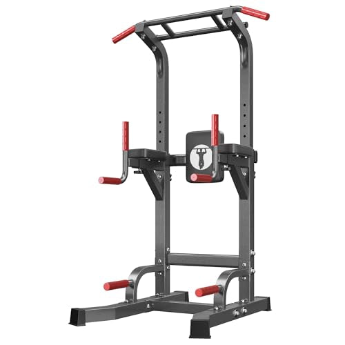 SogesHome Multifuntional Power Tower Pull Up Bar Dip Station for Home Gym | Adjustable Height 65.7"-87" Exercise Workout Machine with Comfort Pads & Anti-Slip Grips for Full Body Strength Training - color: Black & Red