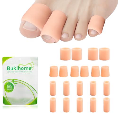 Bukihome Toe Protectors, Toe Tube Pads for Pain Relief with 20 Pack | Silicone Gel Toe Sleeves for Hammer Toes, Corns, Calluses, Blisters, Multi-Size(Beige) - color: Beige, size: Multi-Size（20 Counts）