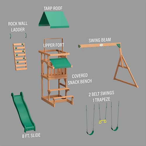 Backyard Discovery Belmont Cedar Wood Swing Set with Wave Slide, Play Deck, Rock Wall Ladder, Snack Bar Window, Shaded Picnic Area, Bench, Belt Swings, Trapeze, Sandbox Area, Canopy, Outdoor Playset - color: Green