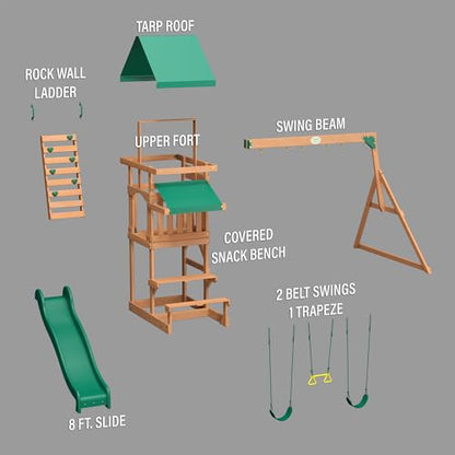 Backyard Discovery Belmont Cedar Wood Swing Set with Wave Slide, Play Deck, Rock Wall Ladder, Snack Bar Window, Shaded Picnic Area, Bench, Belt Swings, Trapeze, Sandbox Area, Canopy, Outdoor Playset - color: Green