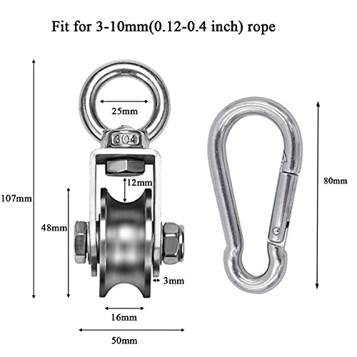 Single Pulley Block 360 Degree Rotation Traction Wheel Stainless Steel Swivel Hook & Carabiner Heavy Duty for Washing Line/Rope Loading 500kg Gym - size: 107mm+Carabiner