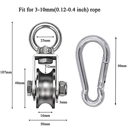 Single Pulley Block 360 Degree Rotation Traction Wheel Stainless Steel Swivel Hook & Carabiner Heavy Duty for Washing Line/Rope Loading 500kg Gym - size: 107mm+Carabiner