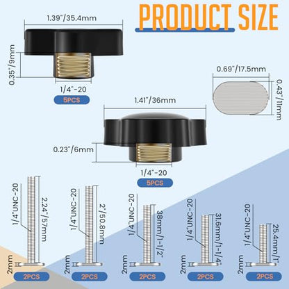 20 Piece Set 1/4"-20 T Track Knob Kit | T-Track Accessories Include 1/4"-20 Bolts, Washers, and Threaded Knob Nuts, Suitable for Woodworking Clamps and Fixtures - size: Small