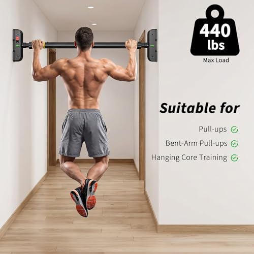 Pull Up Bar for Doorway, Door Frame Chin Up Bar No Screws, 440lbs Capacity | Adjustable 72-95 cm (28.3"-37.4") Chin Up Bar, Dual Gear Lock, Level Meter, Anti-Slip PVC Pads for Home Gym Strength Training