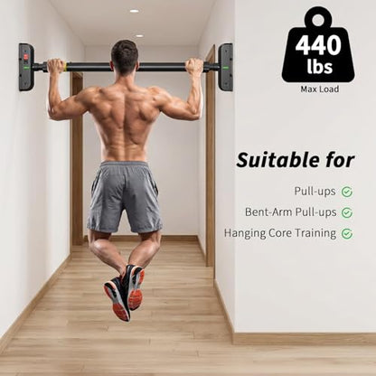 Pull Up Bar for Doorway, Door Frame Chin Up Bar No Screws, 440lbs Capacity | Adjustable 72-95 cm (28.3"-37.4") Chin Up Bar, Dual Gear Lock, Level Meter, Anti-Slip PVC Pads for Home Gym Strength Training