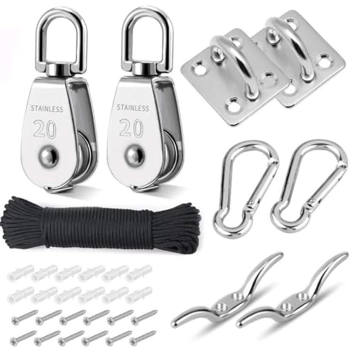 TooTaci Pulley System Set, M20 Crane Pulleys for Lifting with Rope | 304 Stainless Steel Block and Tackle Pulley System, with Nylon Line Rope & Snap Hook, Oblong Eye Pad Plate, Cleat Hooks - color: 20M/4mm Black Nylon Line Rope, size: M20 Pulley Block Set
