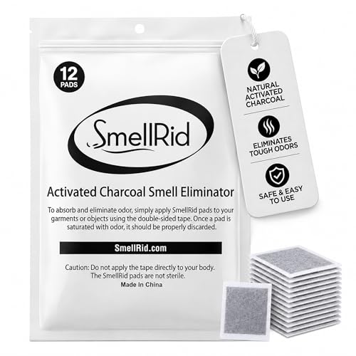 SMELLRID Activated Charcoal Odor Absorber Pads | 12 Unscented Adhesive (4"x4") Charcoal Pads for Body Odor, Flatulence & Personal Care Environments
