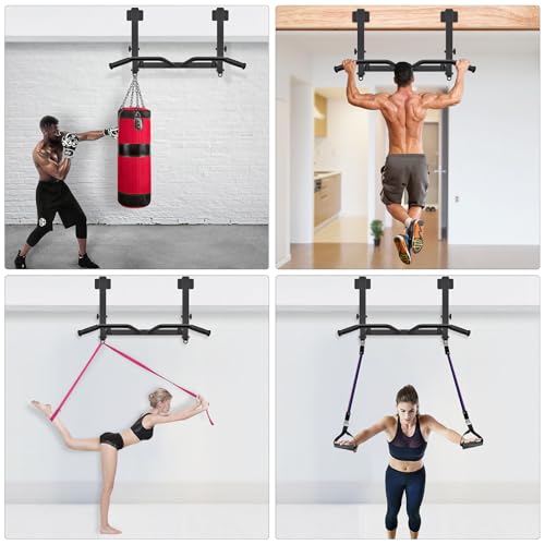 SELEWARE Heavy Duty Welded Pull Up Bar Wall/Joist/Ceiling Mount Chin Up Bar | Multifunctional Pull-up Bars w/Resistance Band Hooks for Home Gym Strength Training, Sturdy Steel Construction Support 500 lb - color: E1: Black Joist Mount Pull Up Bar