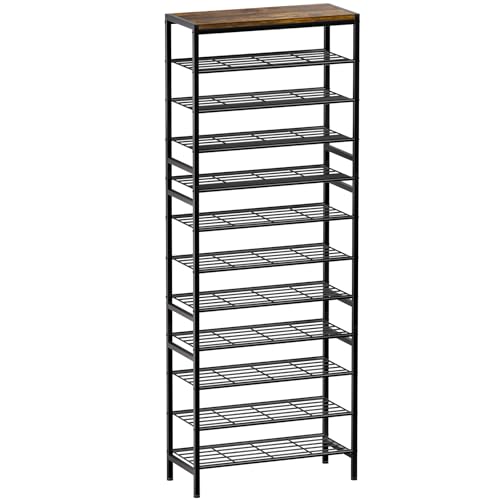 12-Tier Tall Shoe Rack Organizer Shoe Storage for Entryway 40-48 Pairs Metal Shoe Rack for Closet Heavy-Duty Shoe Rack with Wooden Top Shelf for Garage Rustic Brown - color: Rustic Brown, size: 12-tier