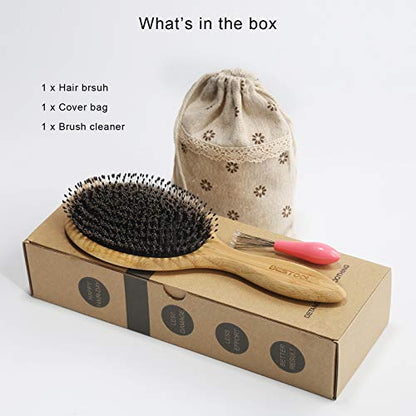 BESTOOL Hair Brush-Boar Bristle Hair Brushes Natural Bamboo Wooden Cushion Massage Anti Static Large Paddle Hairbrush for Women Men and Kid (Round) - color: Natural