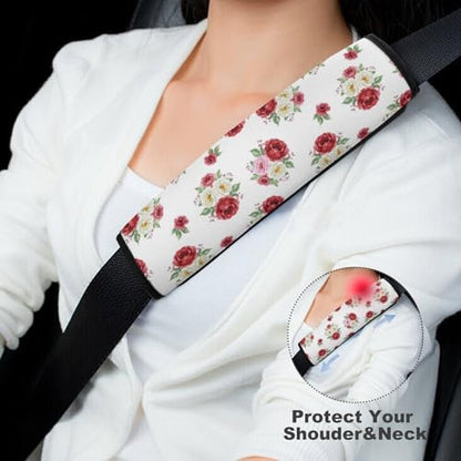 2PCS Soft Padded Car Seat Straps Shoulder Pads for Adult Use, Most Cars, Rose Flowers White Shoulder Protector, Shock Absorption - color: Pattern 396