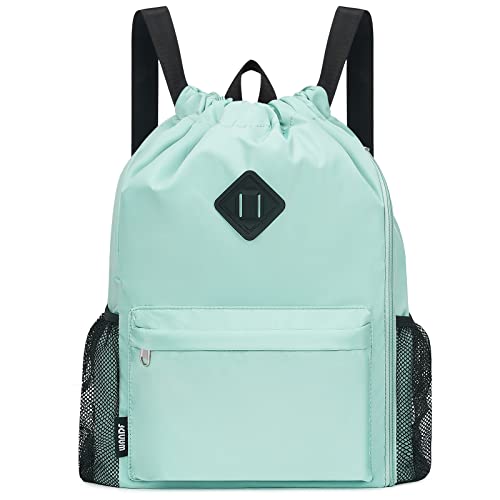 WANDF Drawstring Backpack with Shoe Compartment, Sports Gym Bag | Multi-Pocket Storage, Water-Resistant Fabric, Cinch String Bag - color: L, Mint Green, size: Large