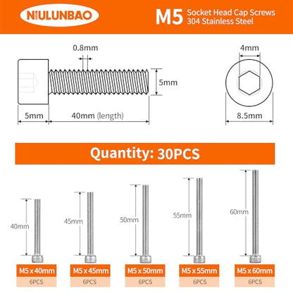 M5 x 40mm 45mm 50mm 55mm 60mm Hex Socket Head Cap Screws Bolts 304 Stainless Steel Allen Hex Drive Metric Machine, Fully Threaded, Assortment Kit 30PCS - size: M5 x 40/45/50/55/60mm (30PCS)