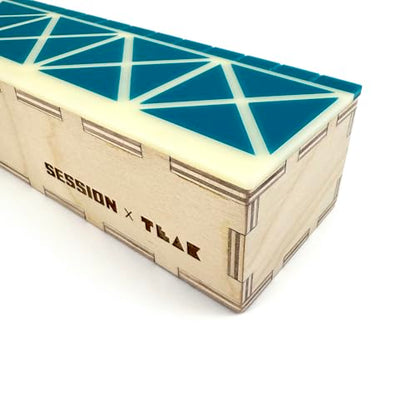 Teak Tuning x Session Wooden Fingerboard Ramp, Shred Ledge Grind Box, Baltic Birch Wood, Acrylic Mosaic in Teal and Cream, 9x3x2.25 Inches