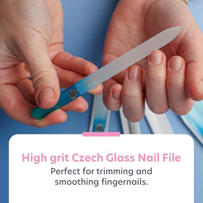 Bona Fide Beauty Czech Glass Gift Set: Foot File, Nail File, Cuticle Pusher | Aqua color set: genuine Bohemian crystal glass set includes protective cases and sleeves. Reusable and easy to clean. - color: Blue