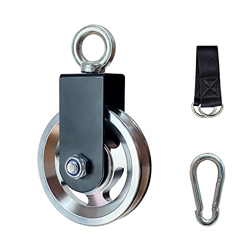 Exercise Equipment Cable Pulley with Hanging Strap and Carabiner, 3.74in/95mm Silent Rotation 360 Degree Pulley for Home Gym Pulley System Workout Equipment DIY Cable Pulley Lat Pulldown Attachments