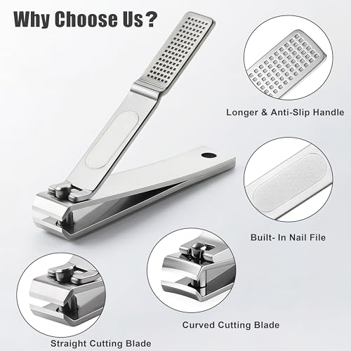 Large Nail Clippers Set for Thick Nails, Straight & Curved Edge | Heavy Duty Toenail Clippers,4 PCS Set Silver, Stainless Steel Fingernail & Toe Nail Clippers with File for Men Women Adults - color: Silver