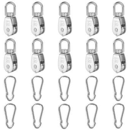 10x 304 Stainless Steel M20 Single Swivel Rope Pulley Blocks w/Snap Hooks | 360° anti-twist swivel pulley. For lifting, towing & hanging wire rope on crane/outdoor. Has spring snap hooks for fast fit - size: M20-10pcs