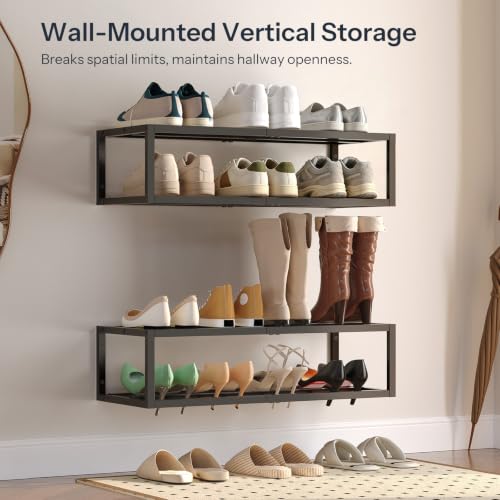 HOOBRO Wall-Mounted Shoe Rack, 2 Pack Hanging Metal Shoe Shelf, Space-Saving Shoe Storage Organizer, Holds 12-16 Pairs, Shoe Holder for Entryway, Closet, Small Spaces, Black BK44XJP201