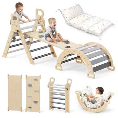 BlueWood Pikler Triangle Set with Cushion, 8-in-1 Climbing Toys for Toddlers, Montessori Philosophy Play Jungle Gym with Arch, Ramp, Ladder(Elegant Gray) | Foldable 8-in-1 Montessori Philosophy Toddler Climbing Toys Indoor with Reversible Ramp, Arch and L