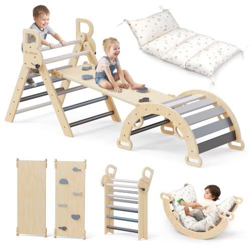 Pikler Triangle Set with Cushion, Wooden Climbing Toys for Toddler | Foldable 8-in-1 Montessori Philosophy Toddler Climbing Toys Indoor with Reversible Ramp, Arch and Ladder - Elegant Gray - color: Elegant Gray