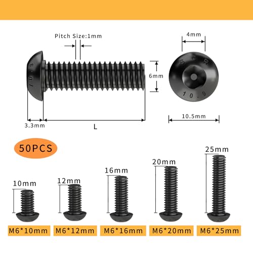 M6 x 10mm 12mm 16mm 20mm 25mm Button Head Socket Cap Screws Bolts, 10.9 Grade Alloy Steel, Metric Allen Hex Drive, Black Oxide Finish, Fully Threaded, Assortment Kit 50Pcs - size: Button Head M6x10, 12, 16, 20, 25mm(50pcs)