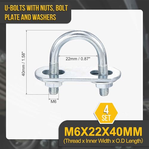 DTGN M6x22x40mm U Bolts Round Kit - 4Set - Carbon Steel U-Bolt Kit with Nuts, Washers, Frame Plate - Good for Pipe, Trailer, Automotive, Leaf Spring Fastener - size: M6x22x40mm