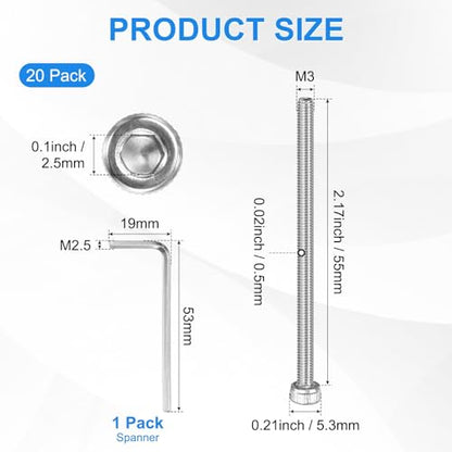 M METERXITY 20-Pack M3 x 55mm Socket Head Cap Screws, 304 Stainless Steel Hex Machine Bolts, Allen Socket Drive Screw with Hex Wrench for Repair/DIY, Fully Threaded Fasteners Kit [Silver] - size: M3 x 55mm