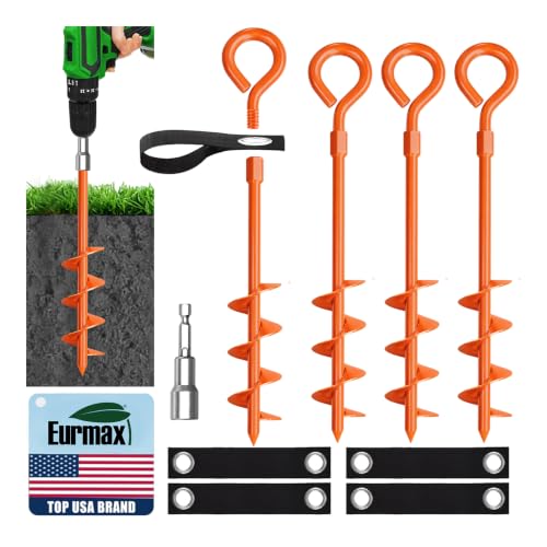 Eurmax USA 4 Pack Heavy Duty Ground Stakes&Anchors,Commercial Spiral Screw-in Trampoline Stakes with Reinforced Tie-Down Straps,High Wind Stabilizing Kit for Canopies,Outdoor Sheds,Swing Sets(Orange) - color: Orange, style: Round Head