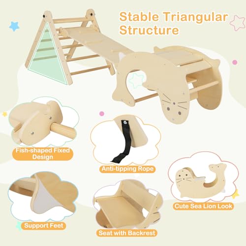 Costzon Climbing Toys for Toddlers, Foldable Montessori Wooden Arch Climber Ladder with Sliding Ramp, Play Table, Multi-Combination Methods, Kids Triangle Climber Play Gym Set for Boys Girls Present - style: 7 in 1 Arch Climber Ladder, Natural