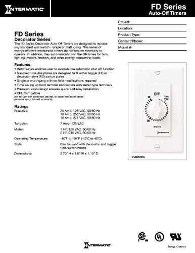 Intermatic FD5MW 5-Minute Spring-Loaded Automatic Shut-off In-Wall Timer for Fans and Lights, White - color: White, size: 5-Minute, style: Without Hold on Timer